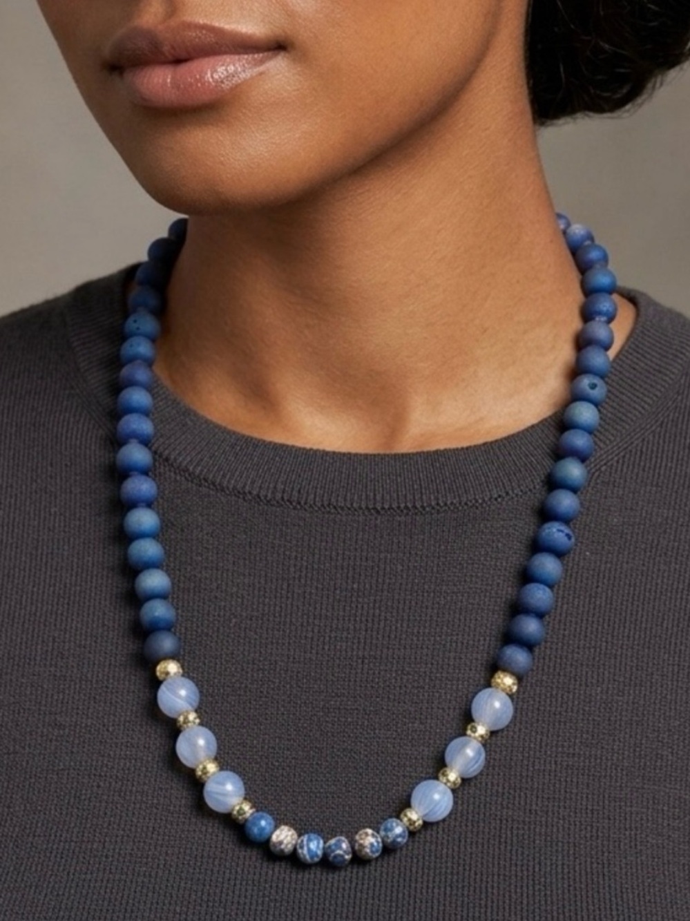 NEW Mary Kent Designs Blue Matte Agate, Glass, and Imperial Jasper Necklace, 24”